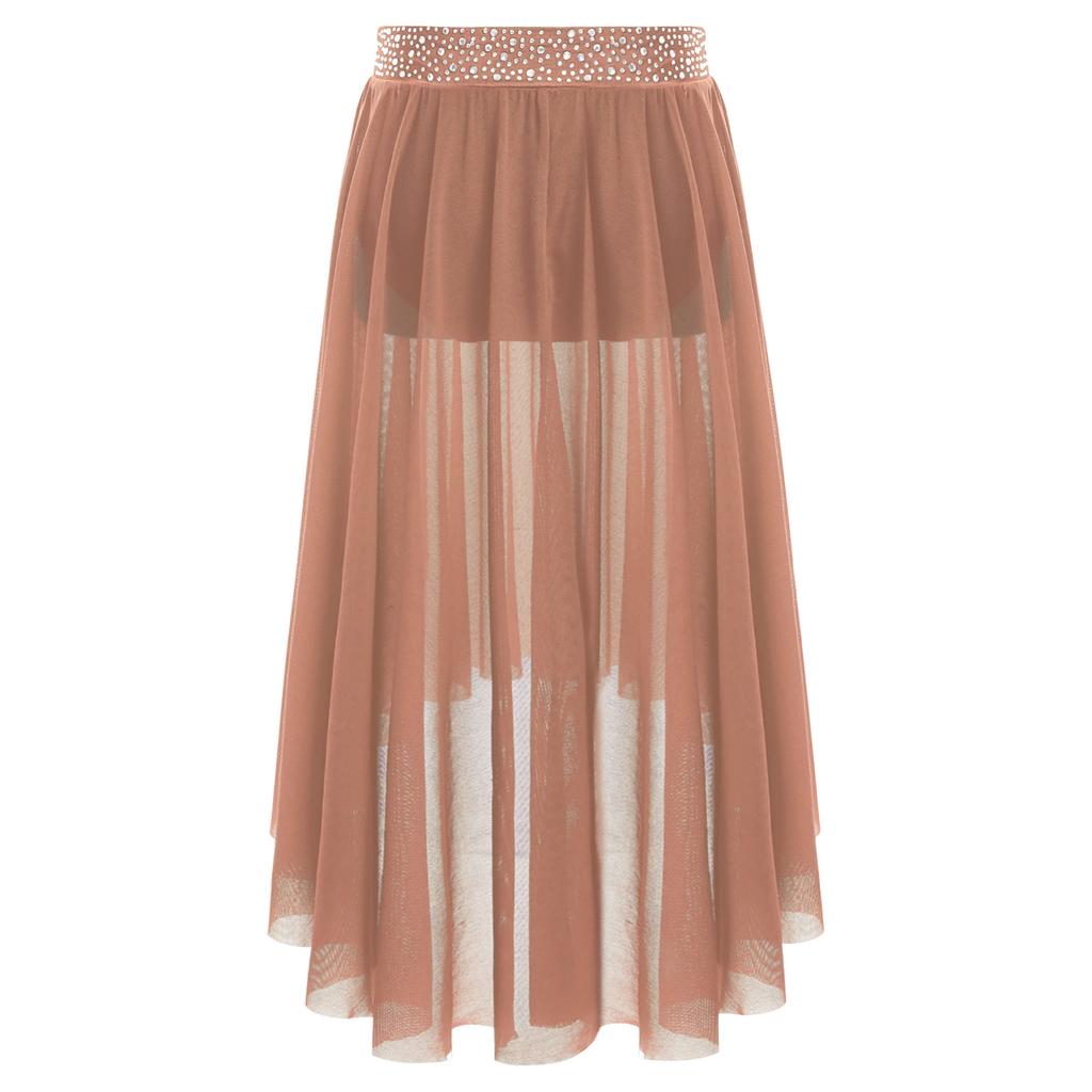 Юбка для лирического танца для девочек с блестящим поясом из стразов, сетчатая юбка хай-лоу, боковой разрез, современный