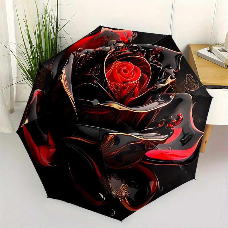 Black Rose Automatic Folding Umbrella 8 Ribs, Durable Iron Frame, Bright Color Pattern Compact Travel Umbrella, Suitable for Outdoor, Beach