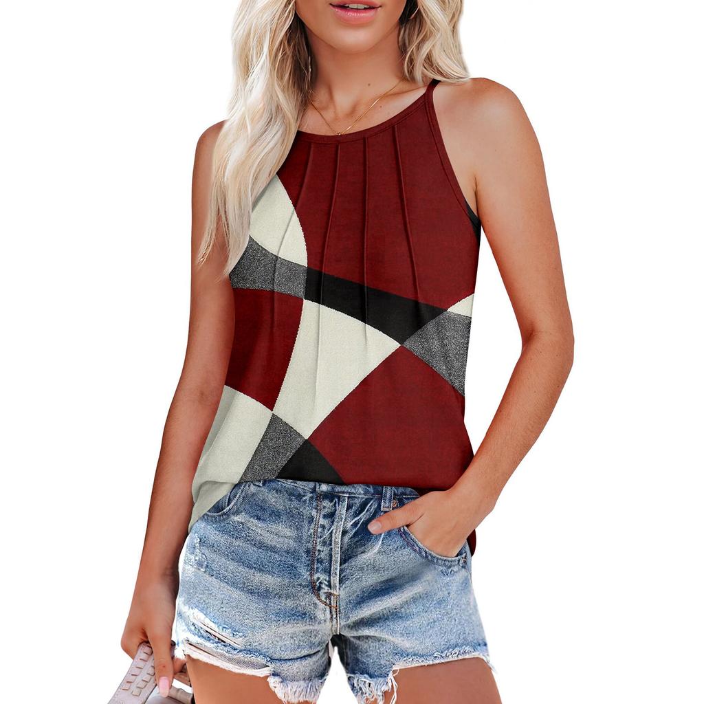 Womens Summer Tank Tops Pleated O Neck Printing Casual Top Tank Tops For Women Loose Fit Sleeveless Shirts
