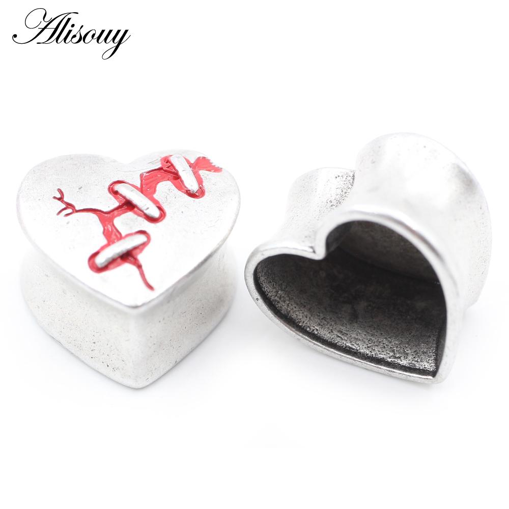 Alisouy 1PC Нержавеющая сталь Сердце Череп Глаз Красный циркон Ушные туннели Пробка Расширитель Растяжитель Измерители Серьги Пирсинг Украшения для тела