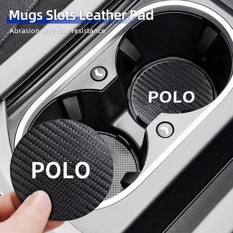 RFKNG1 2Pcs Car Leather/Carbon Fiber Water Cup Coasters Anti-Slip Pads For VW Polo Scirocco Jetta Beetle Passat Tiguan Sharan Touran