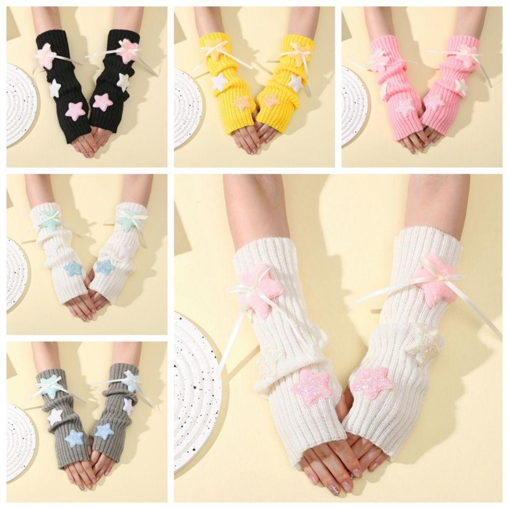 Y2K Arm Warmers Plush Stars Knitted Arm Sleeves Fashion Long Wrist Gloves Women