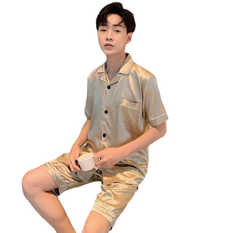 Мужской кардиган из ледяного шелка однотонного цвета на весну 2025 года - с коротким рукавом и шортами