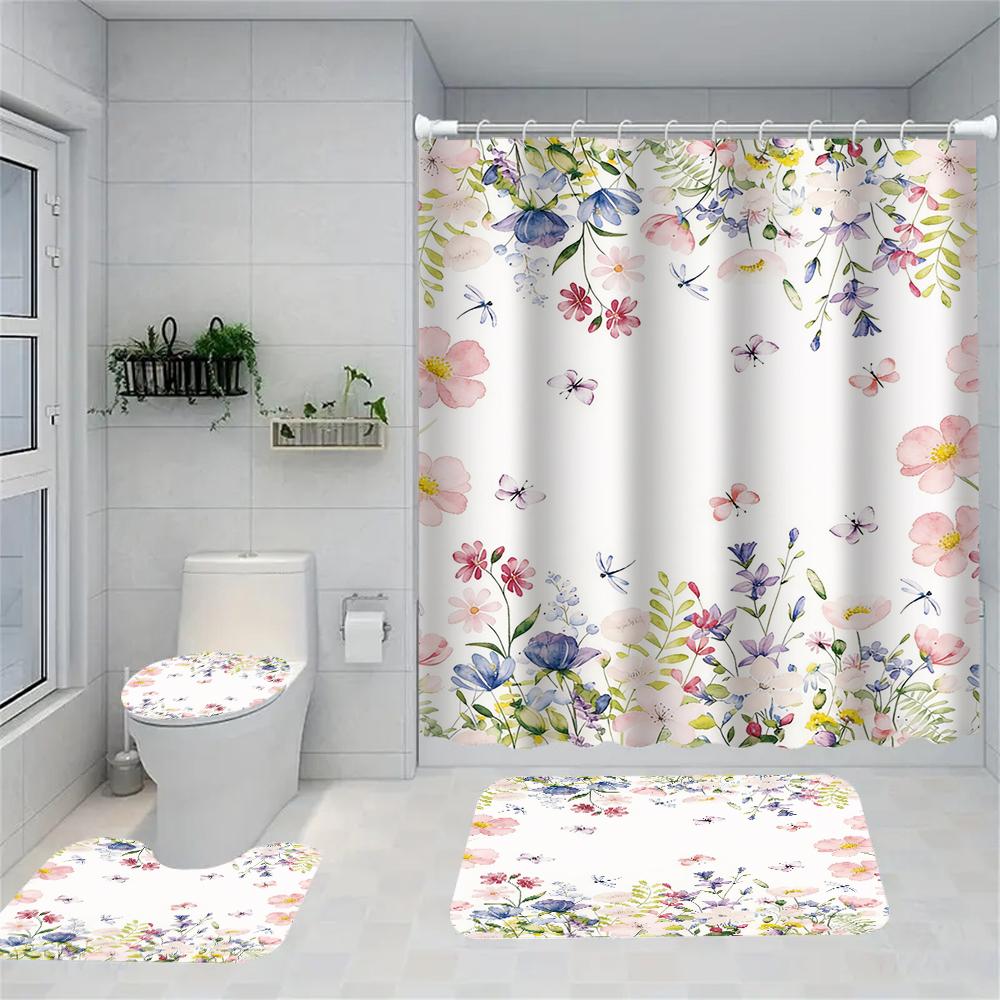 Pink Rose Shower Curtain Set With Toilet Lid Cover And Bath Mat 70.8x70.8 Inches Bathroom Decor
