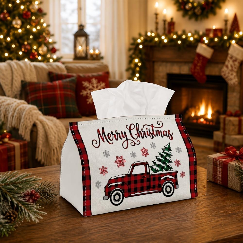 1pc Classic Holiday Nostalgic Tissue Box - Xmas Napkin Dispenser, Available Made of Durable Polyester, Decorated with Vintage Truck Pine Tree Snowflak