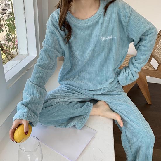 2 шт./комплект унисекс зимняя пижама комплект круглый вырез однотонный утолщенный коралловый флис домашняя одежда