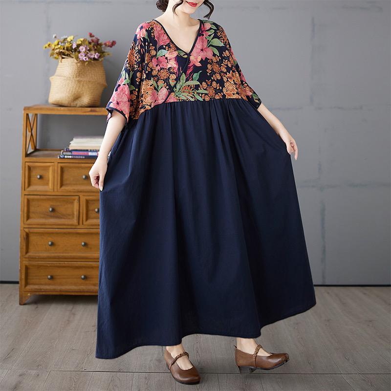 DIMANAF 2025 Летнее женское базовое платье больших размеров Винтажный цветочный принт Повседневное свободное комбинированное длинное платье