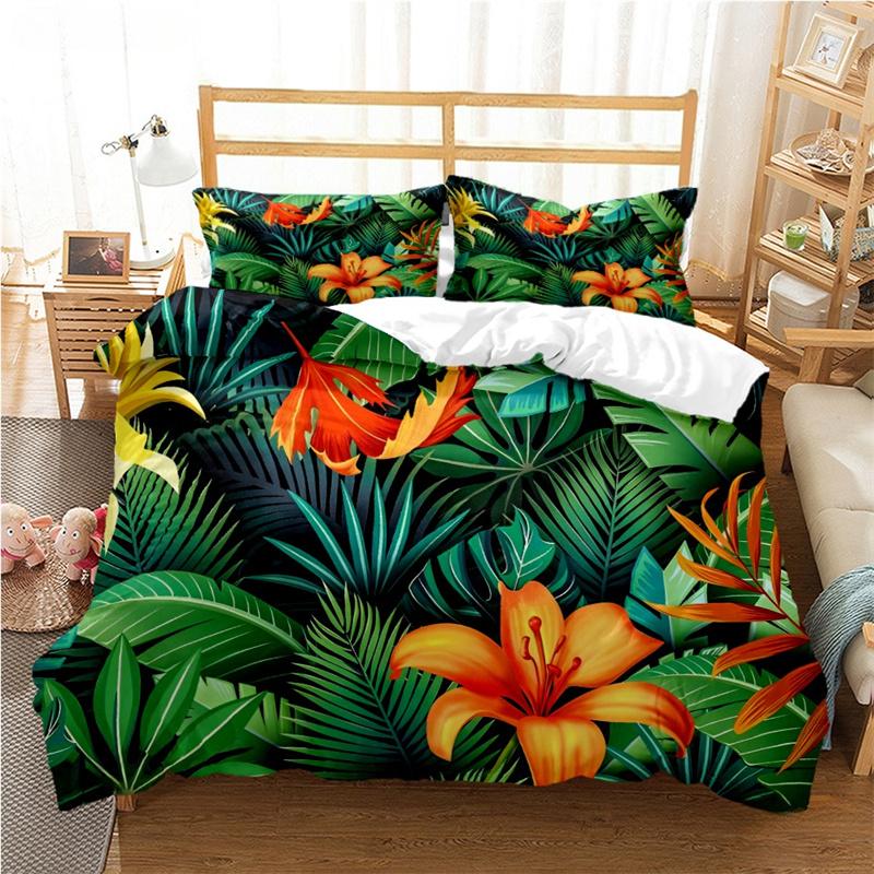 Tropical Leaf Duvet Cover Set All Season Soft Bedding with Pillowcases Single Double Queen King Size