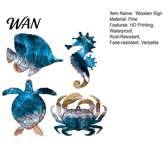 Durable Summer Decor Sign 4 Pcs Wooden Sign, Coastal Ocean Animal Hanging Decor, Cute Sea Seaside Home Turtle Crab Seahorse Wall Plaque for