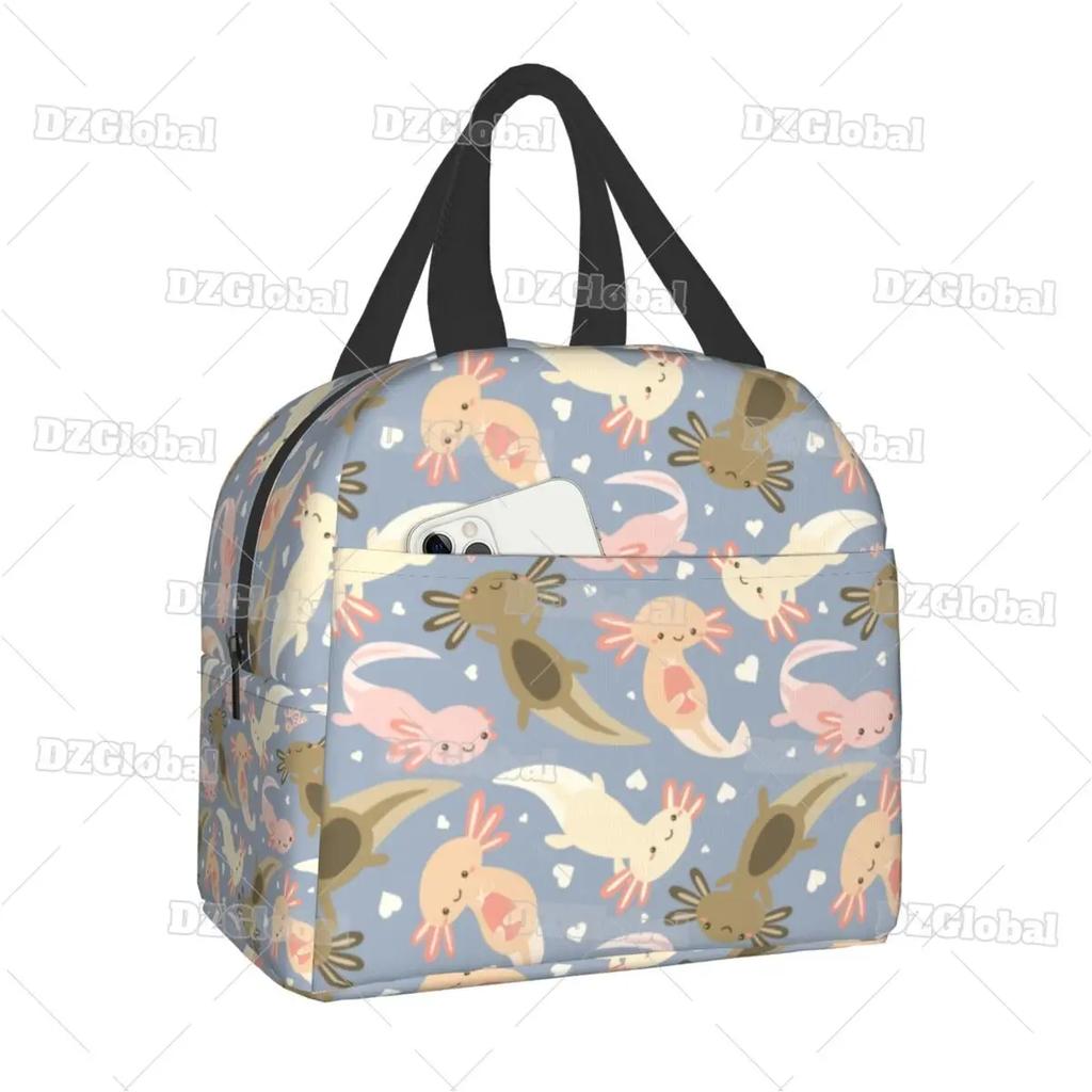 Милая сумка для ланча с аксолотлем, с термоизоляцией, для школы, офиса, с мультяшной саламандрой, животным, портативная, термокулер, для бенто-бокса, для женщин, детей