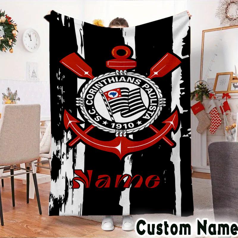 Custom Name Corinthians Team Crest Throws Blanket Flannel Blankets for Couch Bed Gifts for Men Women Picnic blanket Christmas fan gifts