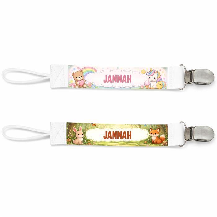 Planetee Lot de 2 Attaches Tétine pour Jannah Animaux Mignons - Attache Sucette Personnalisée Bébé Fille Cadeau Naissance
