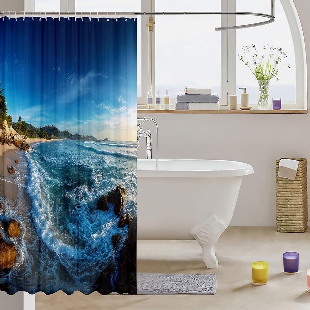Мультяшный Кот Детские Занавески для Душа,Японская Занавеска для Ванной Укиё-э с Океанской Волной, Абстрактная Полосатая Домашняя Декорация, Морской Синий Ретр