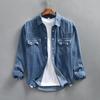 Весна Осень Мужская одежда Длинные рукава Джинсовые рубашки Молодежная уличная одежда Карманы на лацканах Свободная синяя джинсовая рубашка
