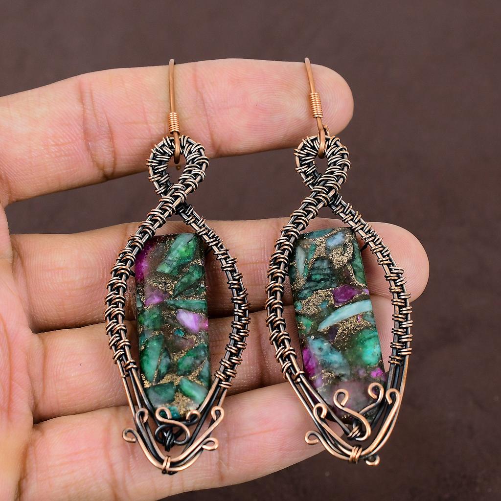 Ruby Zoisite Lab-Created Handmade Copper Wire Wrap Jewelry Earring 3.54 g9J55
