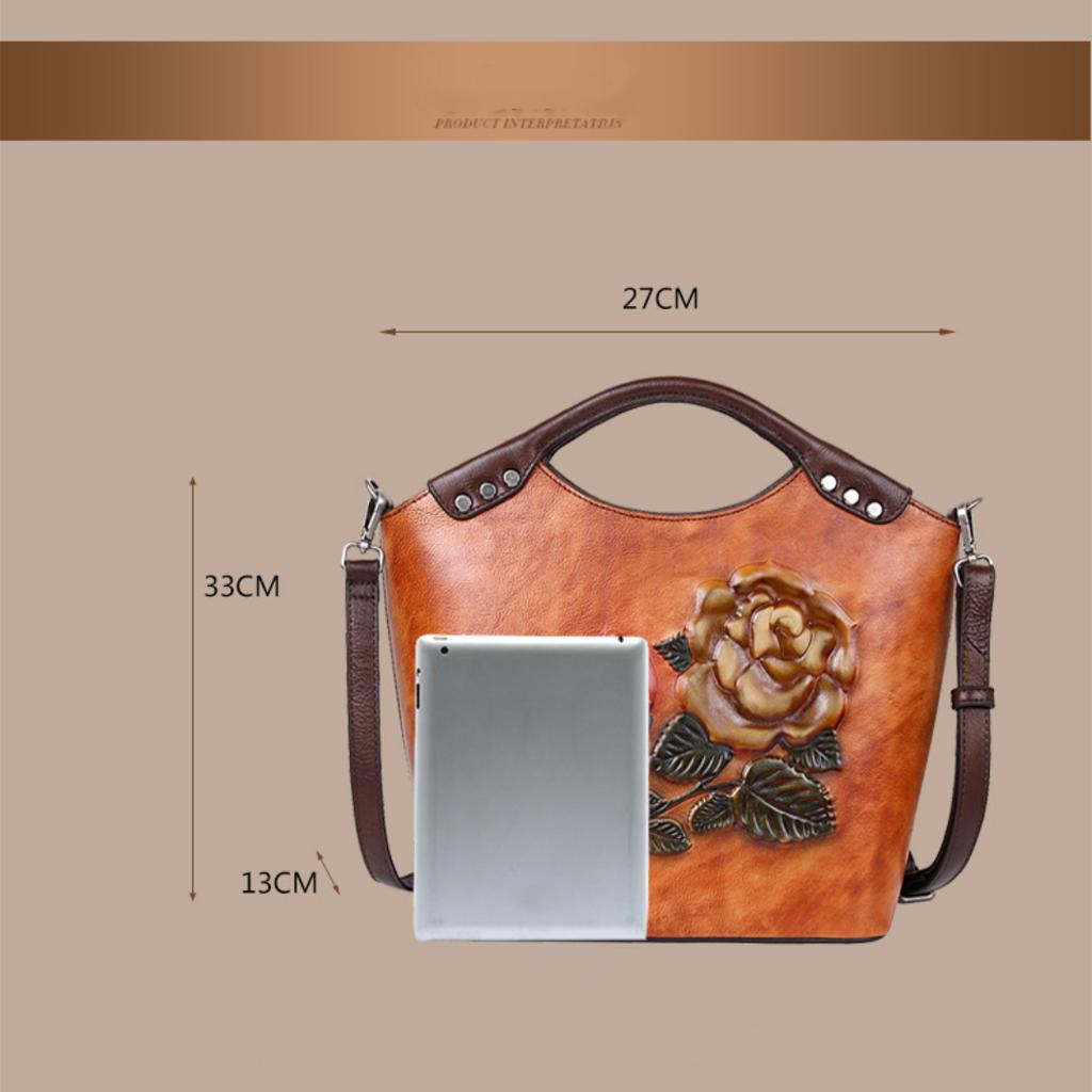 First Layer Cowhide Tote Large Capacity Rose Bag Vintage Tote Bag