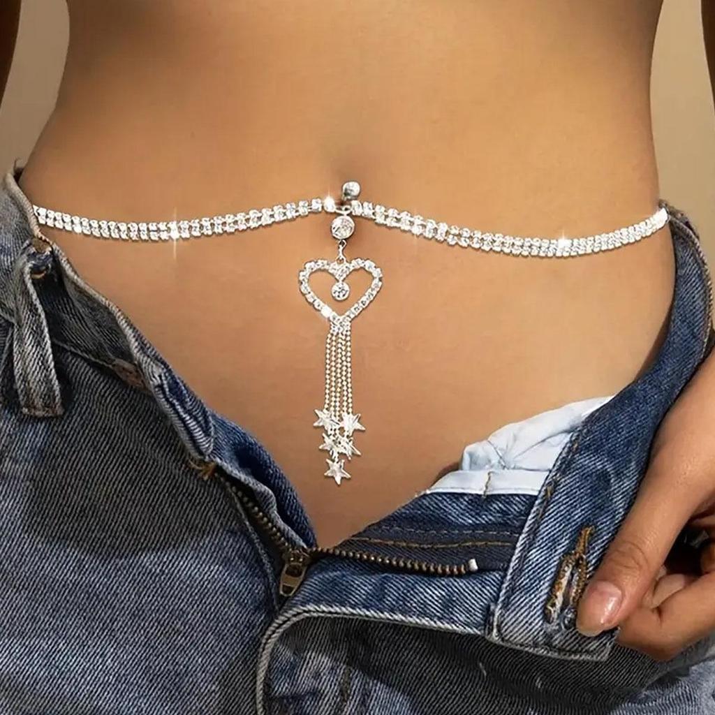 European & American Star Tassel Rhinestone Heart Belly Body Waist Chain for Women