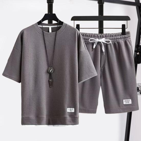 2024Повседневный наряд, модный повседневный наряд длиной до колена на шнурке, футболка с вафельной текстурой, широкие шорты, наряд для отдыха, повседневная одежда