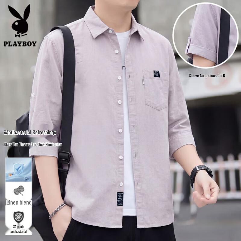 Playboy Men's Cotton Linen 3/4 Sleeve Casual Shirt