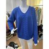 Womens V-Neck Long Sleeve Knit Sweater Pure Color Cable Stitch Casual Pullover Top