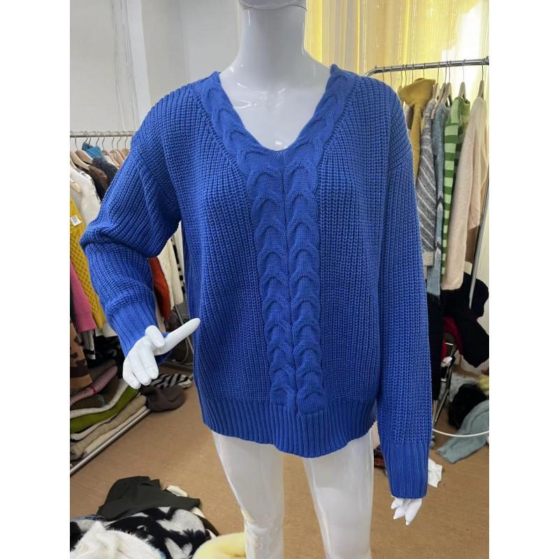 Womens V-Neck Long Sleeve Knit Sweater Pure Color Cable Stitch Casual Pullover Top