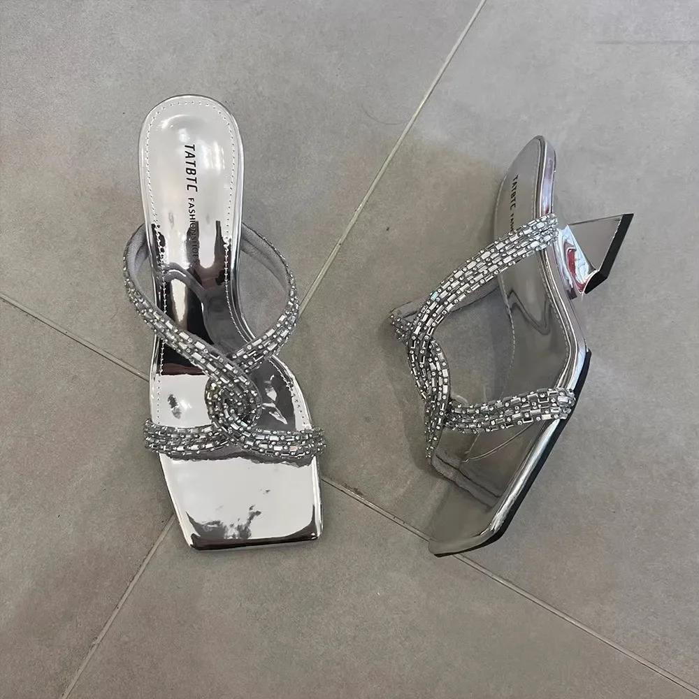 Модные женские тапочки Странный стиль Квадратный носок Стразы Женская обувь Повседневное платье Летний корейский стиль Zapatillas De Mujer