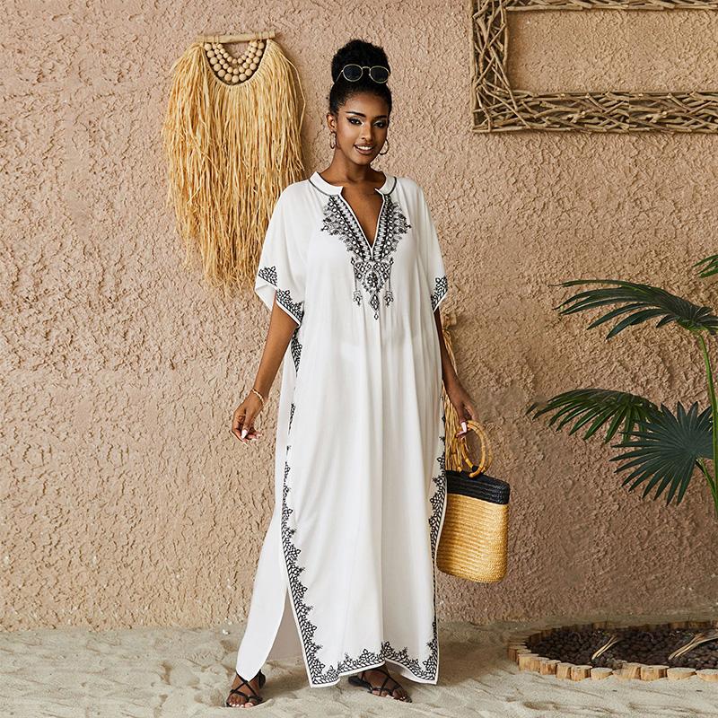 Bohemian White V Neck Bikini Cover-ups Long Tunic Sexy Kaftan Dress Women Plus Size Beach Wear Swim Suit Cover Up