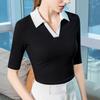 Футболка с воротником-поло с пятиконечным рукавом для женщин, осень, новый дизайн, контрастный топ с лацканами средней длины