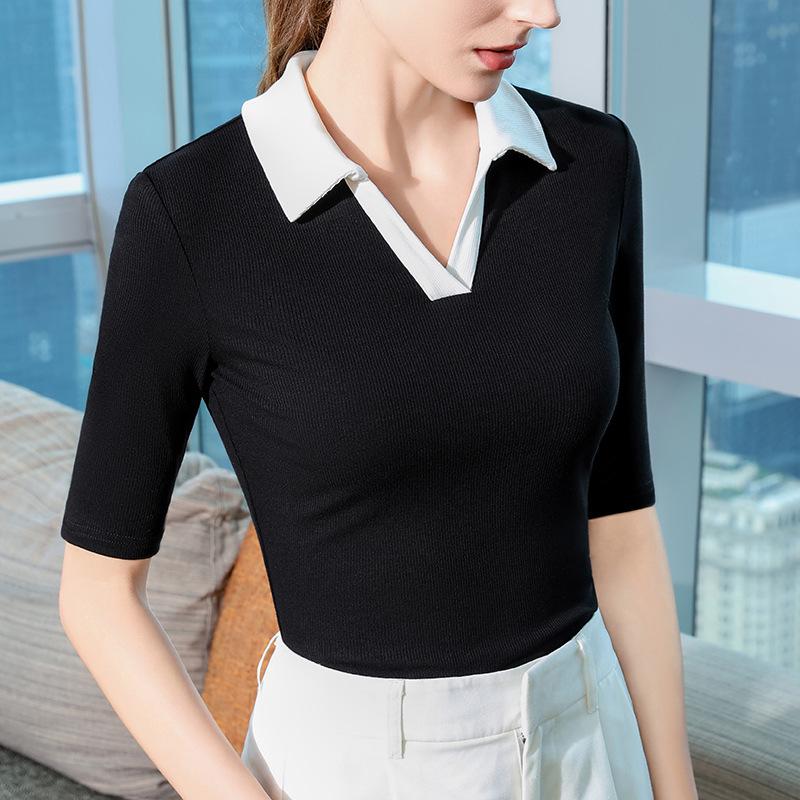 Футболка с воротником-поло с пятиконечным рукавом для женщин, осень, новый дизайн, контрастный топ с лацканами средней длины