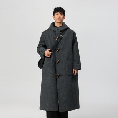 Пальто-дафлкот из шерстяной смеси в корейском стиле с капюшоном - средней длины для осени и зимы