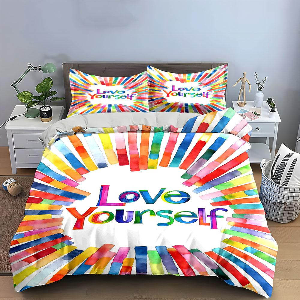 Rainbowcolored stripes "Love Yourself". Bedding sets Duvet cover sets Duvet covers Pillowcases(1 * Duvet Cover 2 * Pillowcases, without duvet insert)