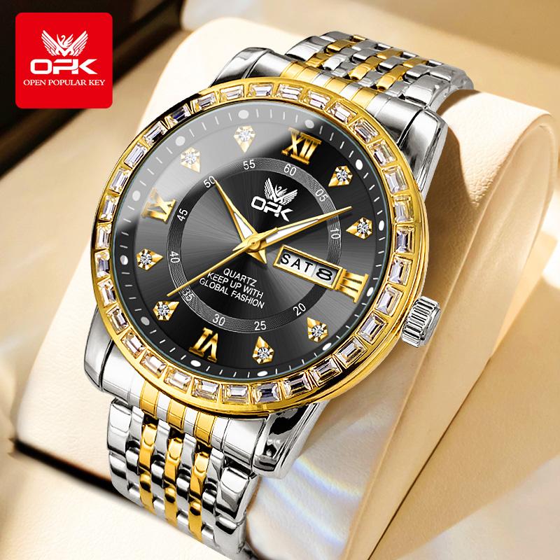 OPK 8174 Quartz Watches for Men Fashion Diamond Bezel Auto Date Week Waterproof Luminous Classic Business Men's Wristwatches