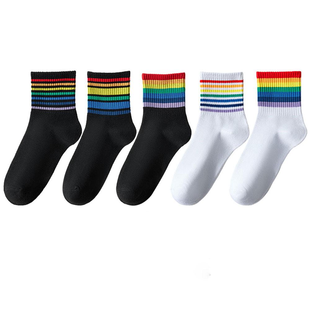 5 пар женских радужных носков, хлопковые милые полосатые белые носки, японские забавные носки в стиле Харадзюку, каваи
