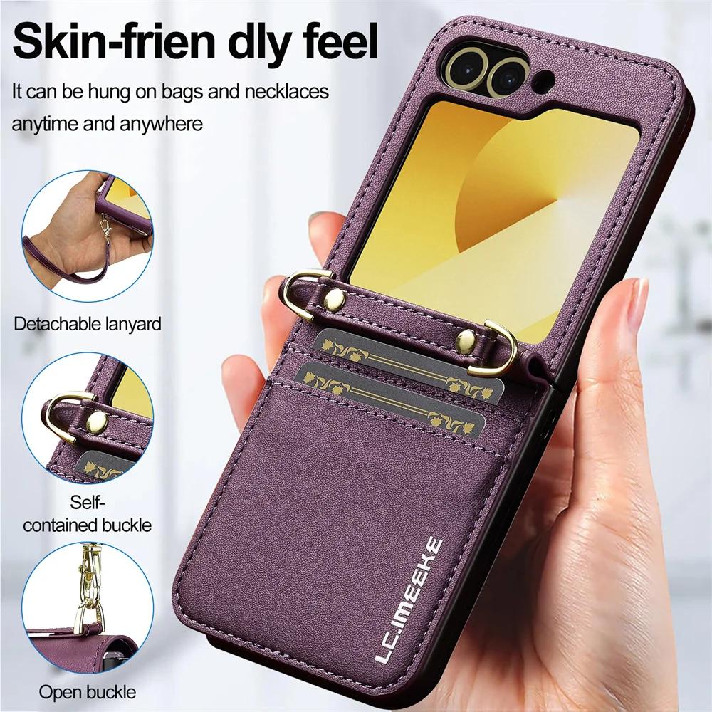 Чехол-кошелек через плечо для Samsung Galaxy Z Flip 6 5 4 3 Flip6 Flip5 Flip4 Flip3 5G Держатель для карт Ремешок на руку Шнурок Кожаный чехол