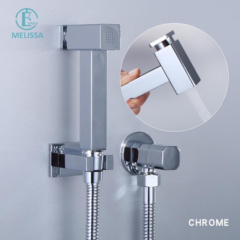 Melissa Modern Brass Chrome Wall-Mounted Hotel Use Toilet Bidet Shattaf Vertical Spray Set Handheld Shower Push Button Angle
