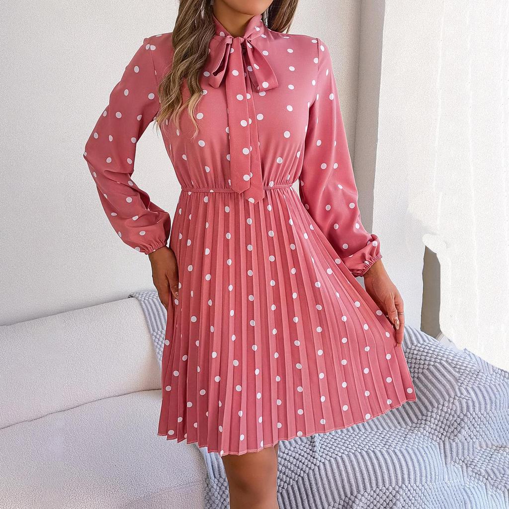 Женское осенне-зимнее темпераментное плиссированное платье в горошек с высокой талией и длинными рукавами