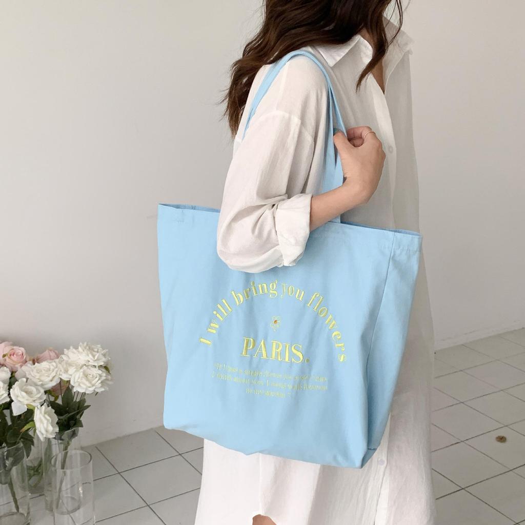 Women Letter Embroidery Shoulder Canvas Large Capacity Student Tote Bag