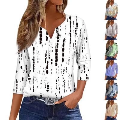 Жен. Футболка Футболка С принтом Пуговицы Рукав 3/4 Повседневные Выходные Мода Классический Классический V-образный вырез Обычный Верх