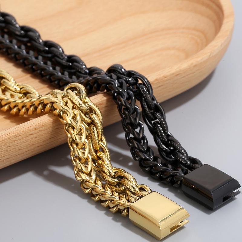 Двухслойная цепочка шириной 12 мм, мужской браслет, мужской браслет золотого цвета из нержавеющей стали, металлический браслет на руку, ювелирные изделия дружбы