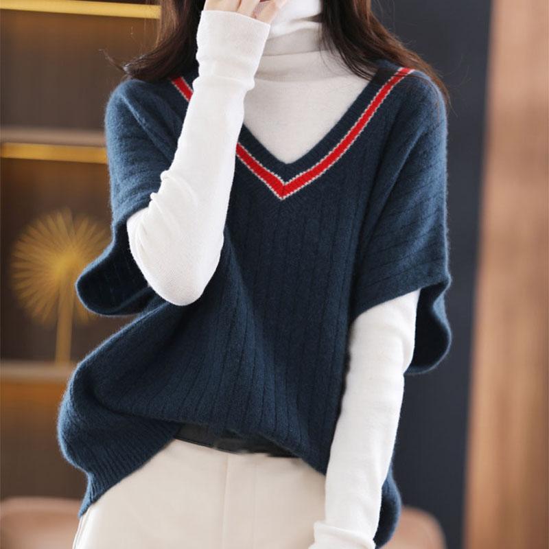 Осенне-зимний женский вязаный жилет с v-образным вырезом, свободный вязаный жилет с цветными блоками, вязаный свитер без рукавов