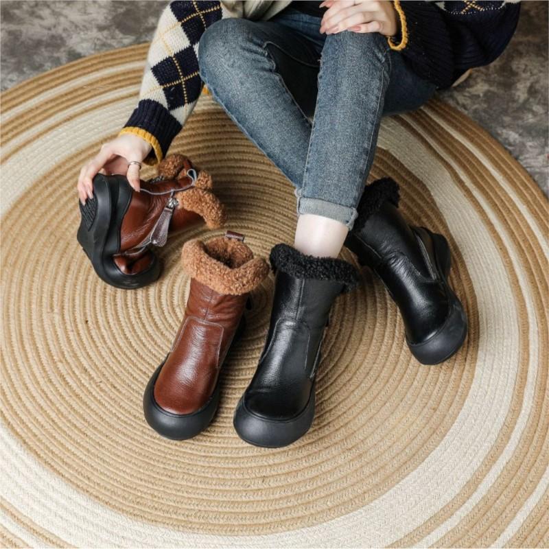 Women Winter Fashion Warm Plush Genuine Leather Women's Boots With Anti Slip Soft Sole Comfortable Side Zipper Short Boots
