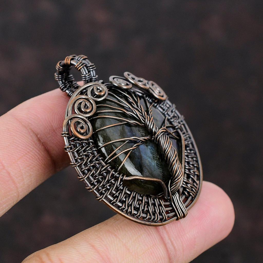 Подвеска из лабрадорита «Дерево жизни», подвеска из медной проволоки, драгоценный камень, ювелирные изделия ручной работы, кулон с лечебным камнем, подарок для матери, медные украшения