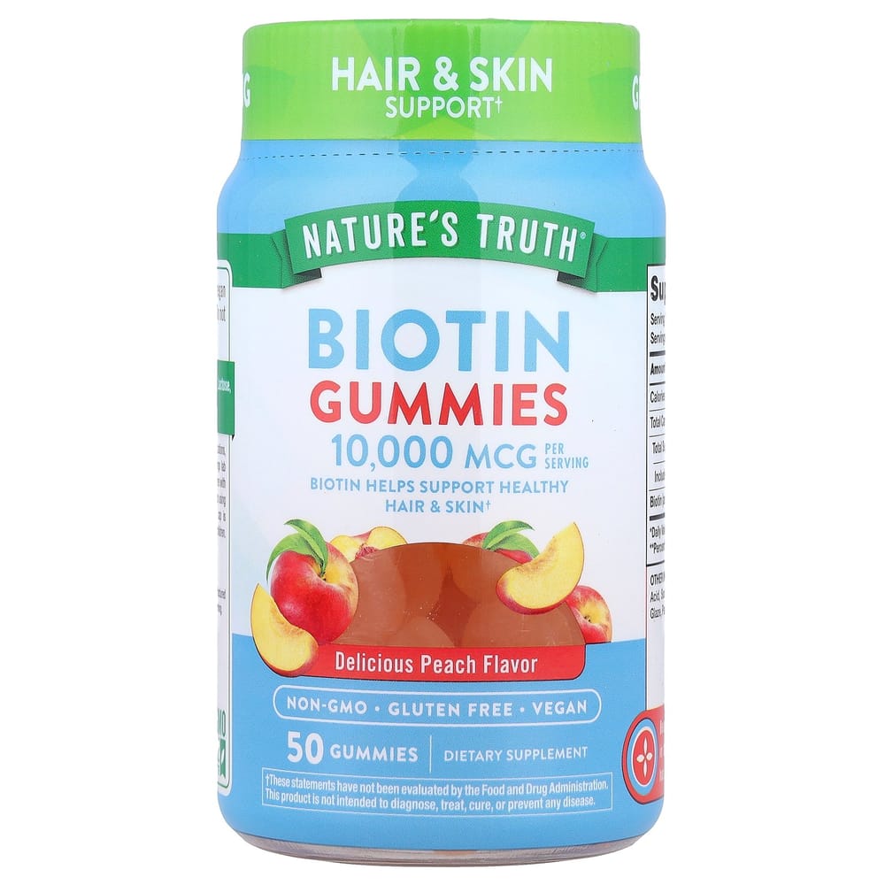 Nature's Truth Biotin Peach Vegan Gummies, 10000mcg Per Serving, 50 Count