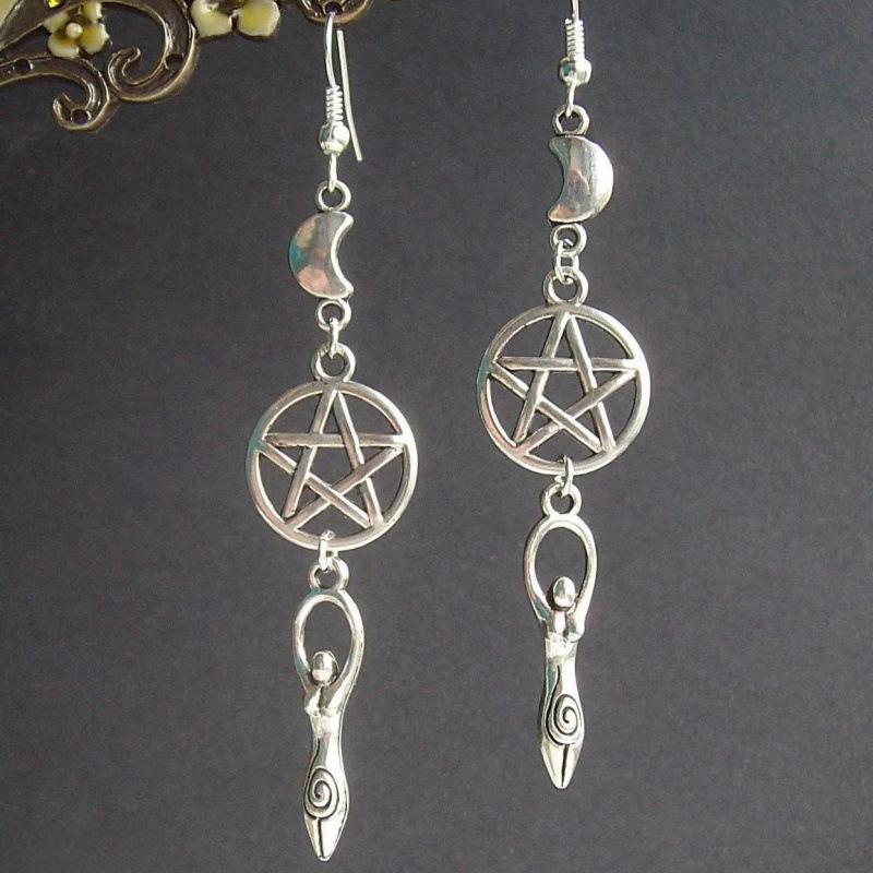 Cross-Border Trade Goddess Pentagram Moon Earrings - Pagan Witchcraft Design
