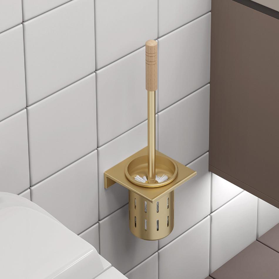 Walnut Toilet Brush Holder Set Wood Handle Wall Mounted Grey Gold Black White Aluminum Cup WC Brush Rack Kit with Storage Shelf