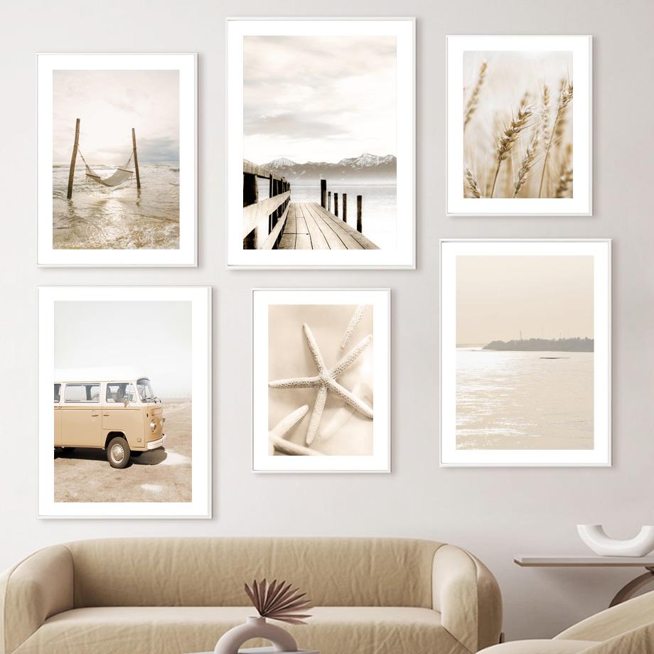 Бежевый Пейзаж Плакат Пляж Пшеница Тростник Трава Цветок Волны Причал Настенная Художественная печать Путешествия Ван Холст Картина Декор в гостиную