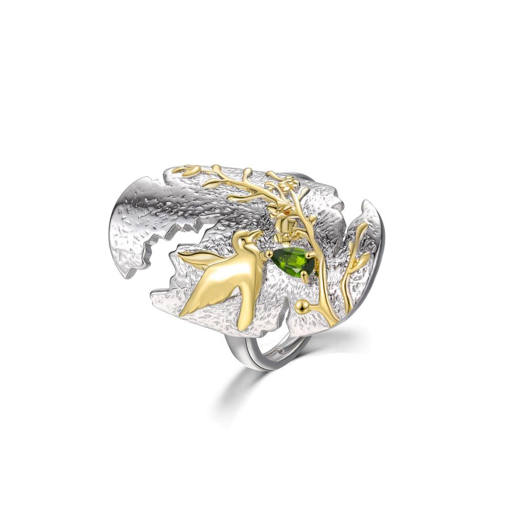 Оригинальное дизайнерское кольцо из стерлингового серебра 925 пробы с позолотой, нишевое дизайнерское кольцо, кольцо с натуральным диопсидом и хризопразом