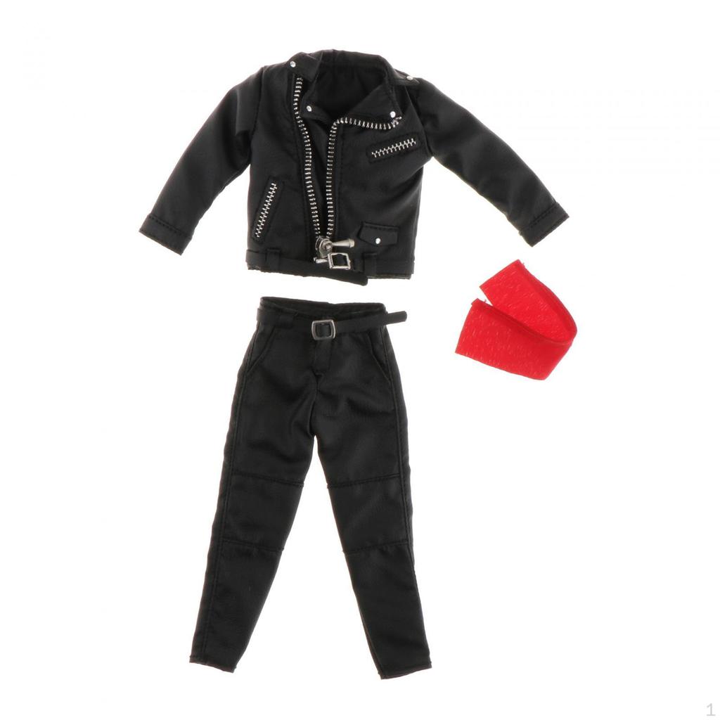 1:12 Man PU Leather Jacket Set Suit with Pants Belt Scarf Action Figures Clothes Outfit Costume Mini