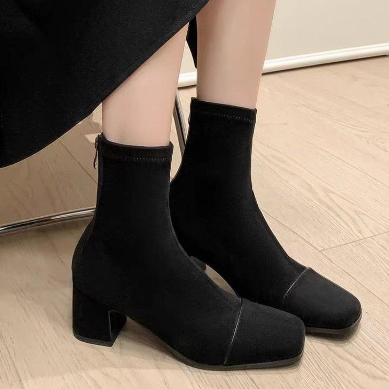 Fashion French Square Toe Stretch Suede Versatile High Heel Boots Plus Size Booties Women's Spring and Autumn Single Boots