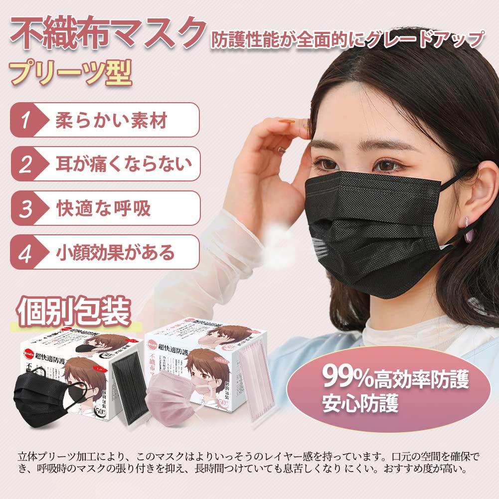 Бродио Черные Нетканые 150 Индивидуально Удобные Ушные Плиссированные Легкие Маски Унисекс, В Индивидуальной Упаковке, Защита, Трехслойная Конструкция, Дышащие, Дышать,